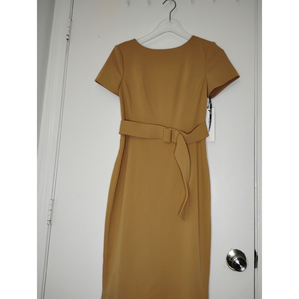 CALVIN KLEIN BELTED SHEATH DRESS, SHORT SLEEVES, DARK MUSTARD, SIZE 10 NWT